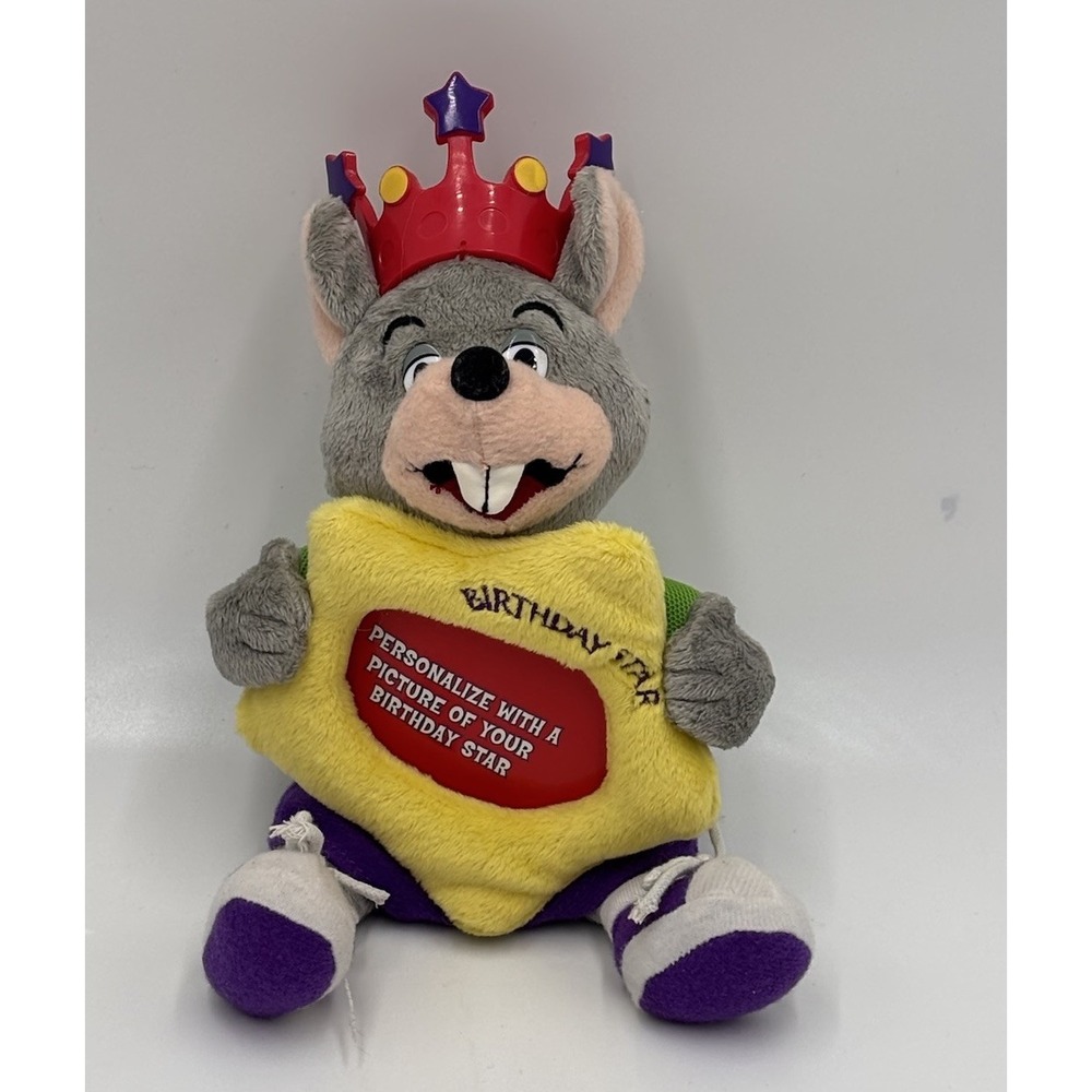 2009 Chuck E Cheese Mouse Stuffed Animal Plush 10" Birthday Star Frame Crown